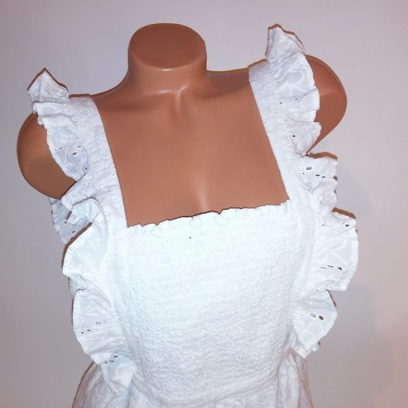 Lulus Dress XS White Eyelet Ruffle Zip Up Smocked Front Adjustable Straps Length - Picture 4 of 13